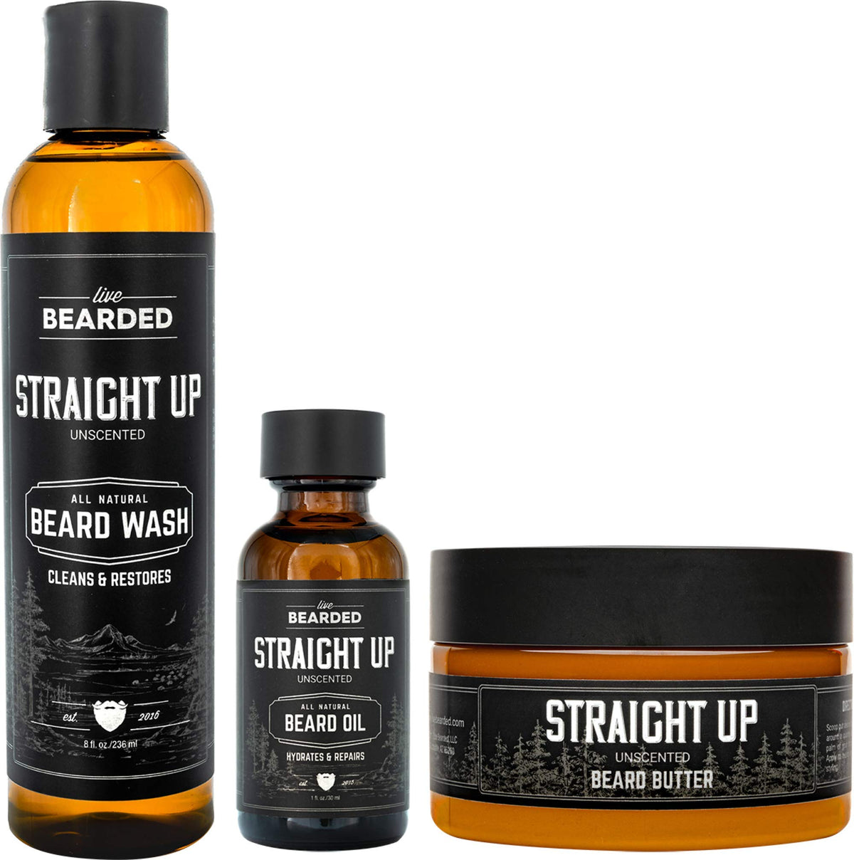 Live Bearded 3-Step Beard Grooming Kit - Wash, Oil & Butter - All-Natural Growth Support