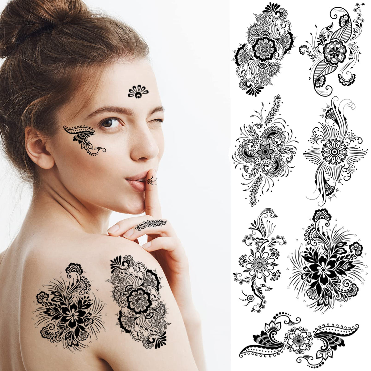 Casciybo Black Henna Temporary Tattoos - 12 Sheets Waterproof Flower Mandala Stickers For Parties