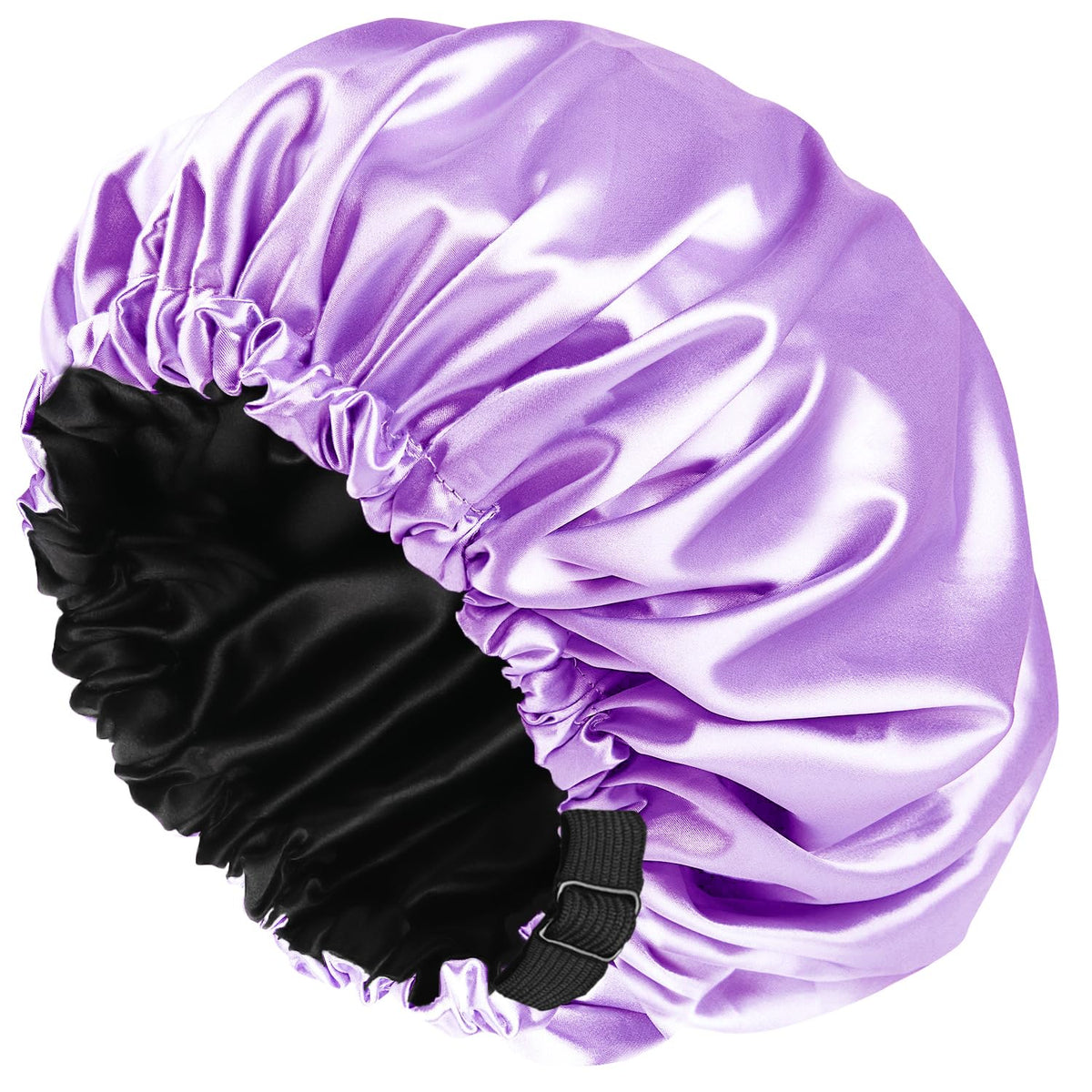 Amamba Luxury Silk Lined Shower Cap - Adjustable, Machine Washable, Purple Satin, Large Size