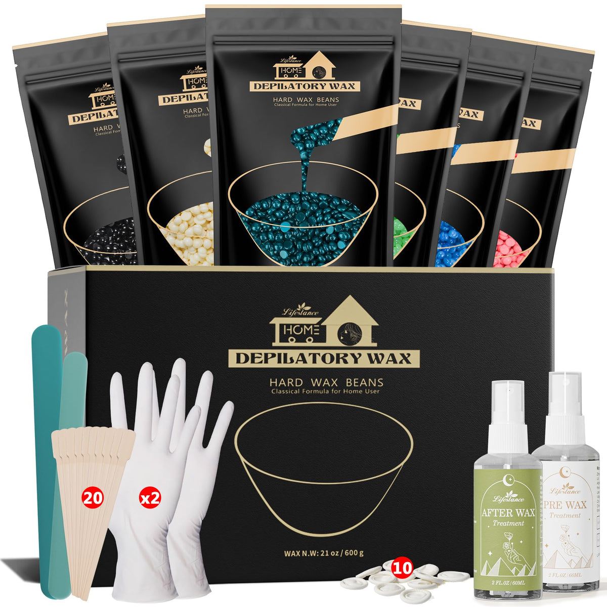 Lifestance Wax Beads Set, 6 Pack Hard Wax Beans For Full Body Hair Removal, 44 Items