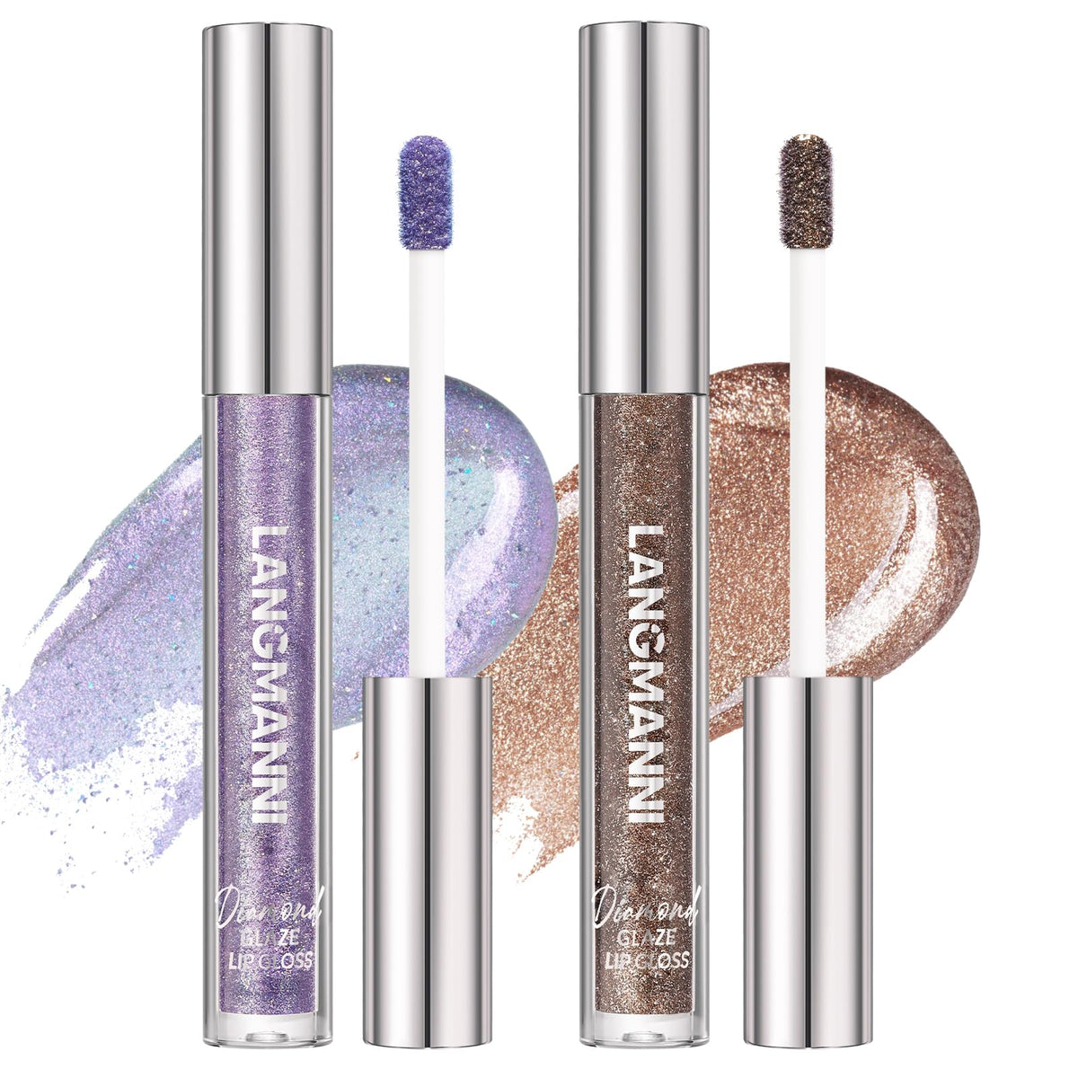 Langmanni Diamond Glitter Lip Gloss Set - 2 Colors, Long Lasting Hydrating Shimmer Liquid Lipstick