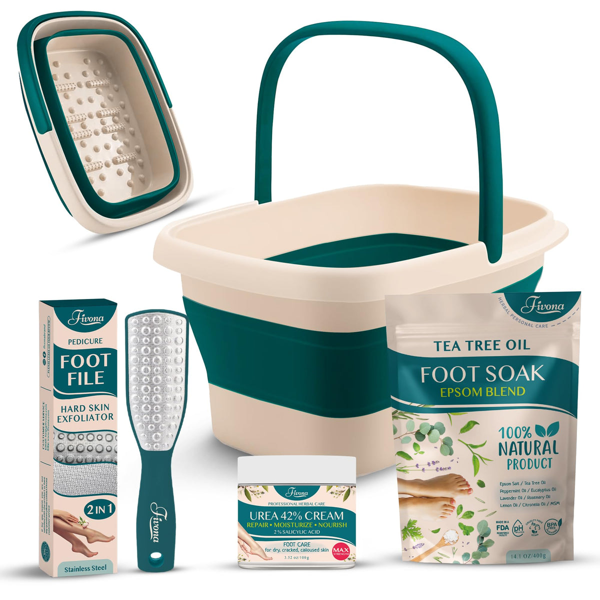 Fivona 4 In 1 Foot Care Kit - Epsom Salt Soak, Tea Tree Oils, Urea Cream & Foot