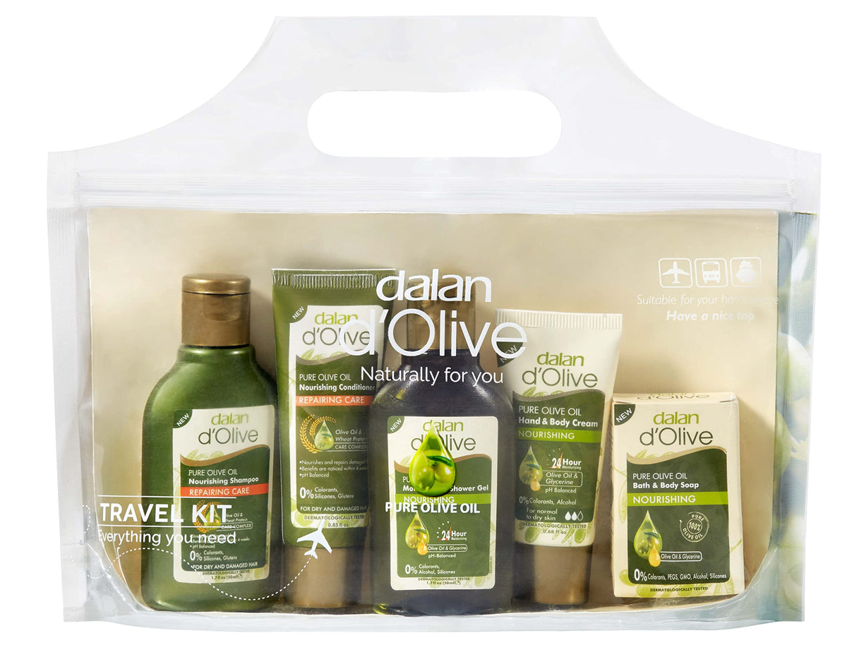 Dalan D'Olive Travel Kit - 5-Piece Shampoo, Conditioner, Shower Gel, Soap & Lotion Set