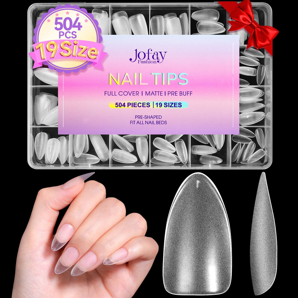 Jofay Fashion Medium Almond Nail Tips - 504Pcs Pre-Shaped Acrylic Full Cover Gel Nails