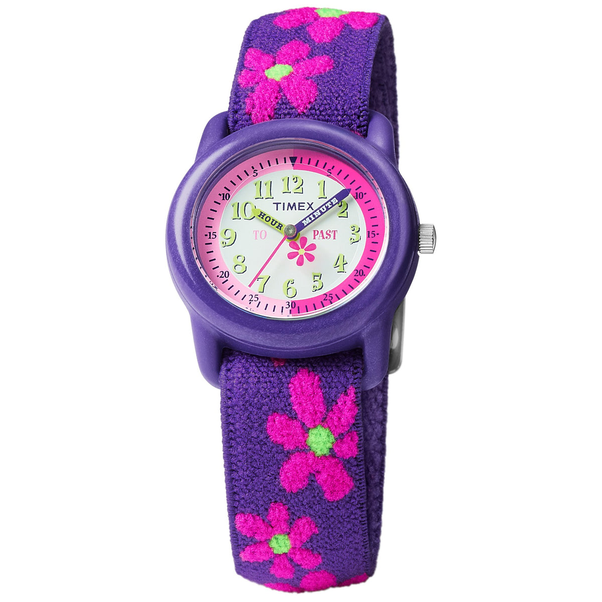 Timex Girls T89022 Purple Floral Elastic Fabric Strap Watch - Small Resin Time Machine