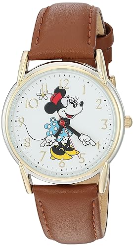 Disney Minnie Mouse Analog Quartz Watch - Brown Leather Strap, Articulating Hands, Classic Design