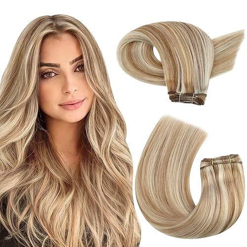 Moresoo 24&quot; Human Hair Extensions Weft Bundles, Blonde Highlighted, 100g Soft & Silky