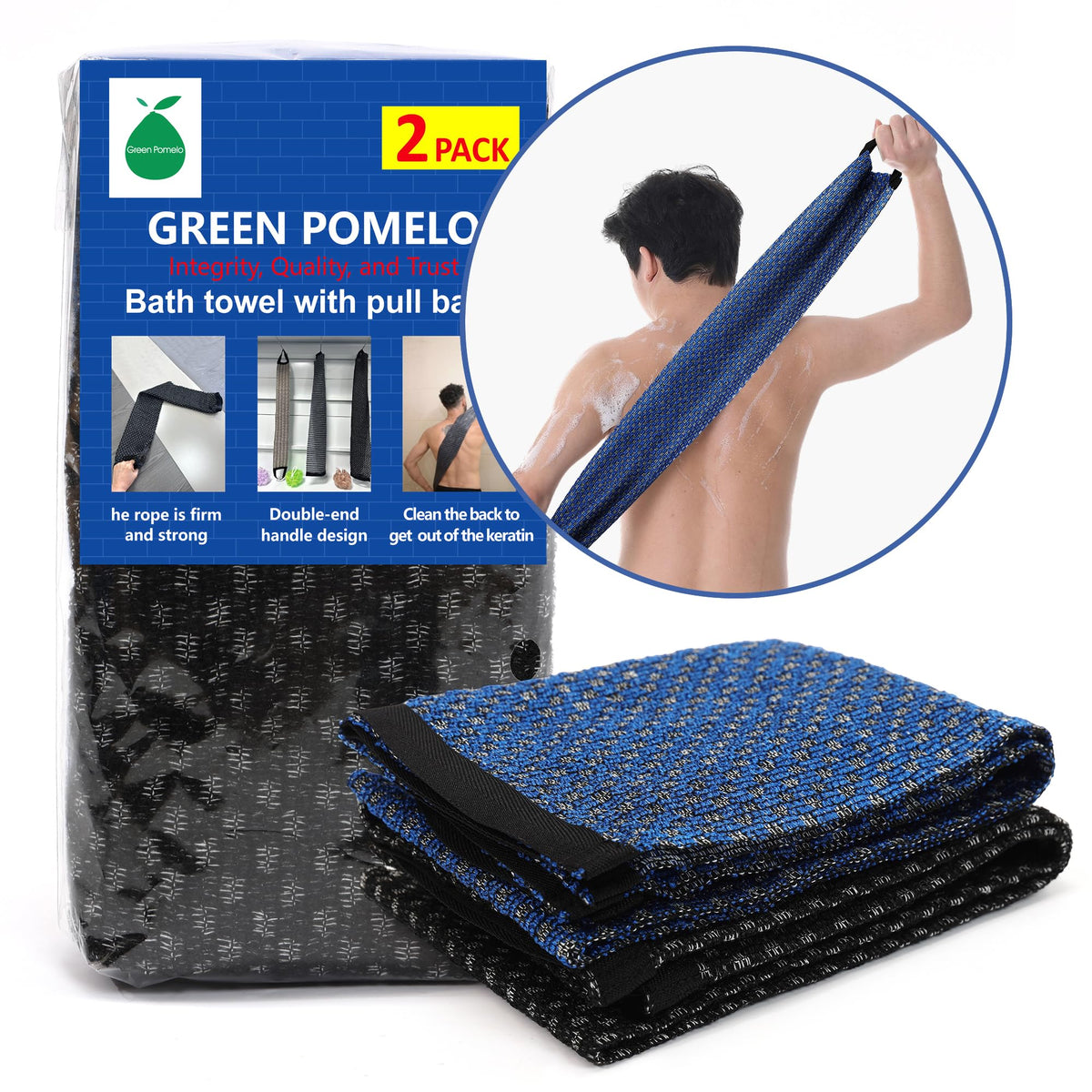 Green Pomelo 2 Pack Exfoliating Washcloths - Rough Body & Back Scrubber For Shower, 33.4&quot;