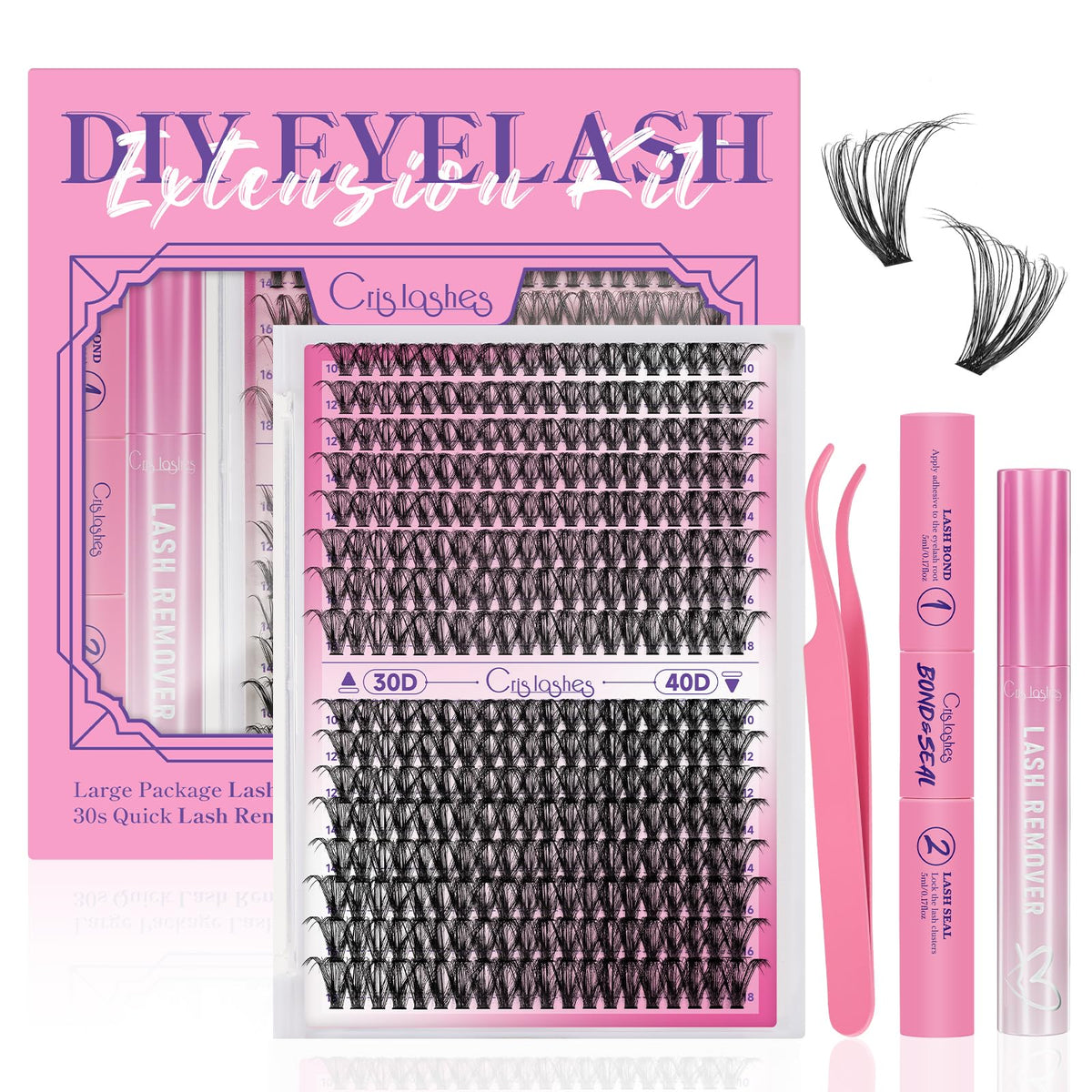 Crislashes 320Pcs Waterproof Lash Clusters Kit 30D+40D D Curl With Bond, Seal, Remover &