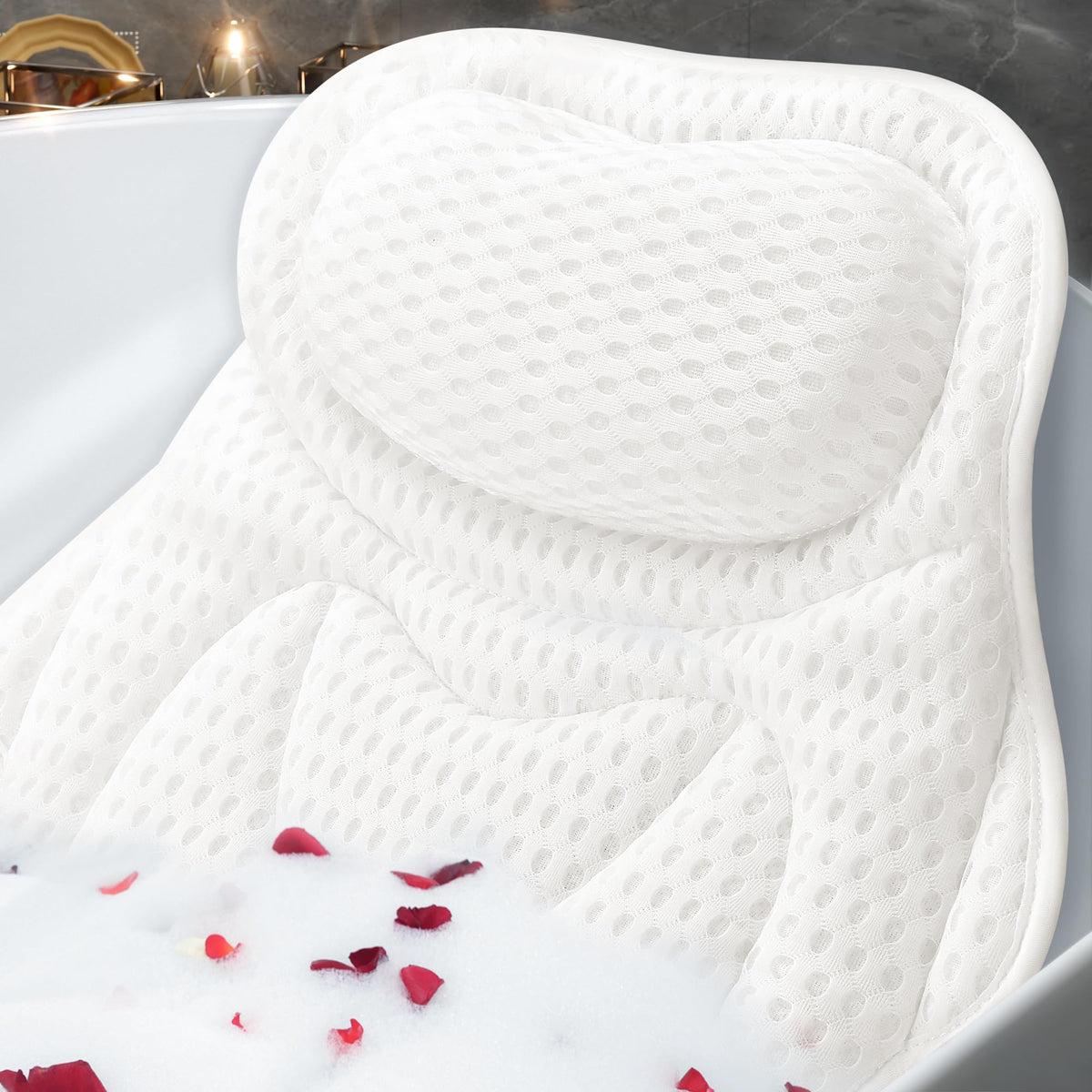 Kfosue Luxury Bath Pillow For Tub - Soft 4D Air Mesh, Non-Slip Suction Cups, Neck & Back Support