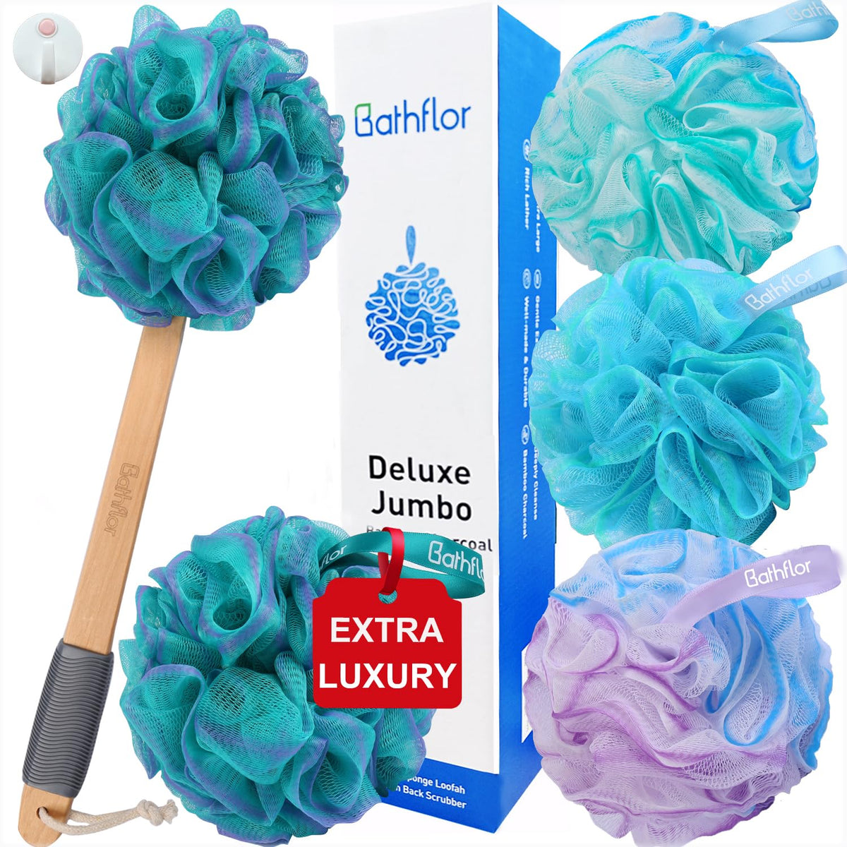 Bathflor 80G Loofah Sponge Set - 4 Extra Large Soft Poufs, Long Handle & Shower Hook, Green-P