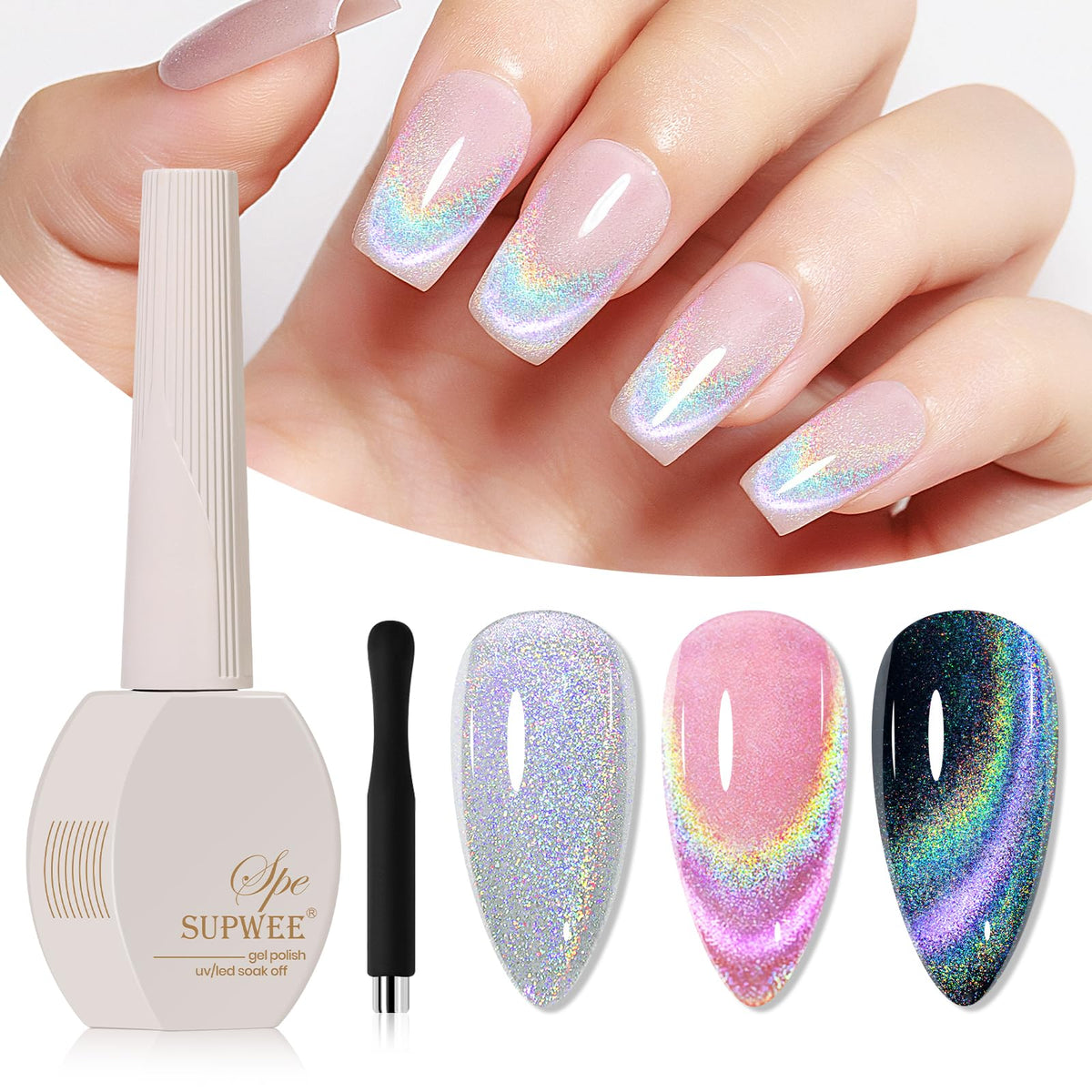 Supwee Rainbow Cat Eye Gel Polish - 15Ml Holographic Uv Soak Off For Nail Art & Diy Manicures