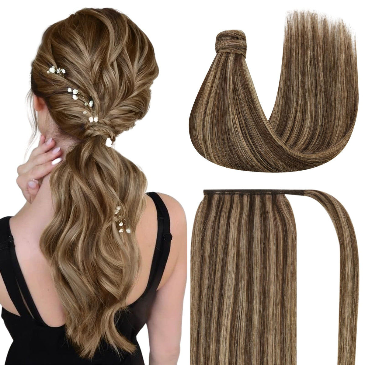 Ve Sunny 16&quot; Human Hair Ponytail Extension - Dark Brown & Caramel Blonde Wrap Around 80g