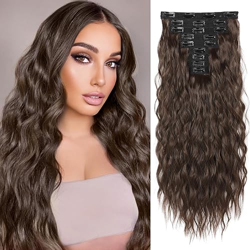 REECHO 24&quot; Clip-in Hair Extensions, 9PCS, Dark Chocolate Brown, Luxurious Mermaid Wave Fiber