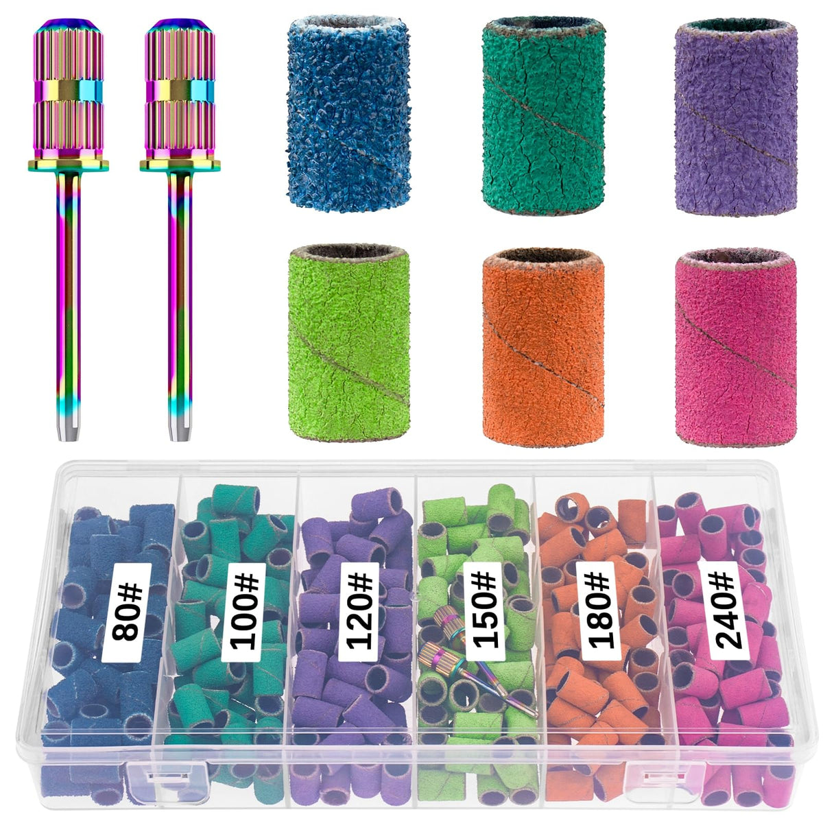 Rolybag 302 Piece Nail Drill Sanding Bands Set - Coarse & Fine Grits, 3 Colors, 80#