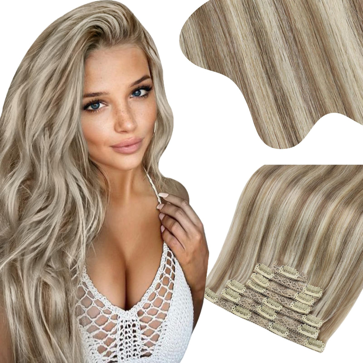 Moresoo 22&quot; Clip in Hair Extensions, Blonde Highlight, Human Hair, 150g, 7pcs Double Weft