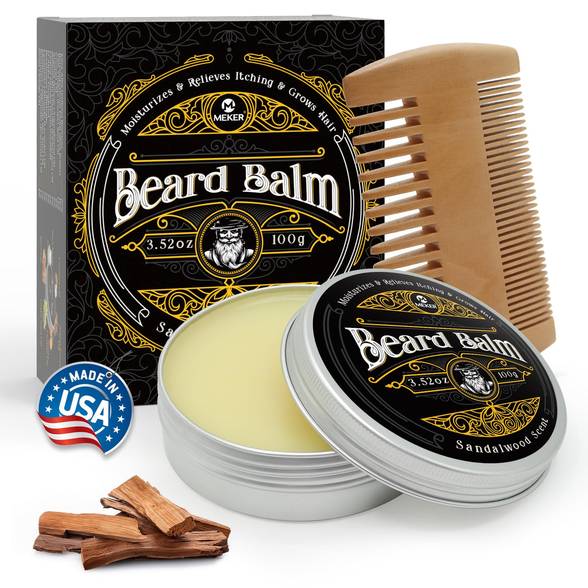 Meker Beard Balm - All-Natural Leave-In Conditioner, Softens & Stops Itch, 3.52 Oz