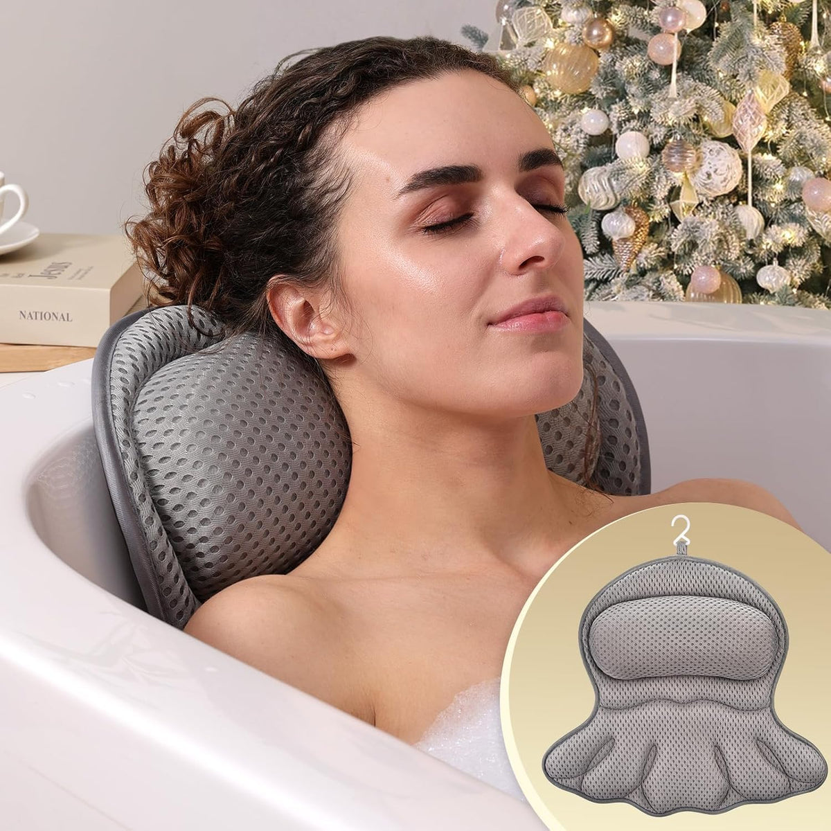 Binobella Bath Pillow - Luxury Soft Mesh Tub Pillow With Neck & Back Support, Gray