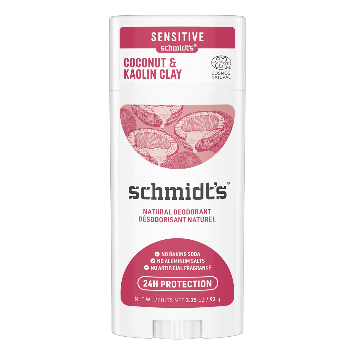 Schmidt's Natural Deodorant, Aluminum Free, Coconut & Kaolin Clay, 24-Hour Odor Protection, 3.