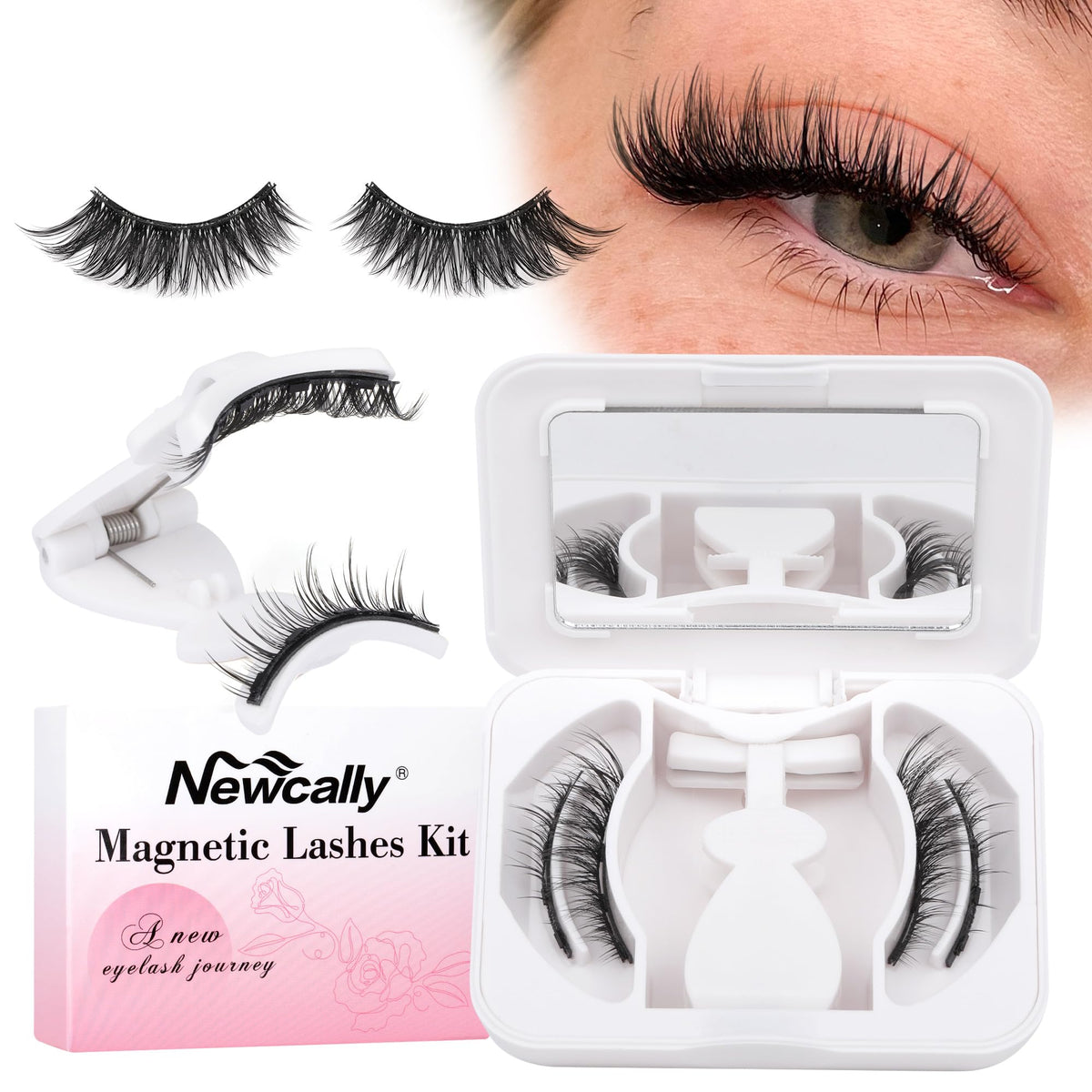 Newcally Magnetic Eyelashes Kit - Reusable C Curl Wispy Lashes With Applicator, No Glue Needed