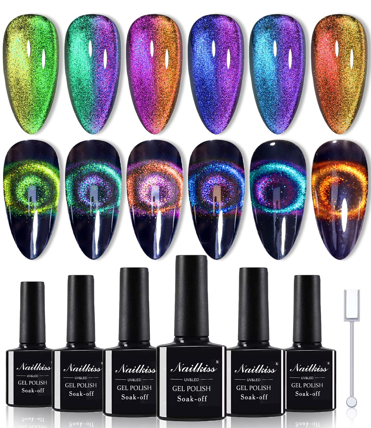 Nailkiss 9D Cat Eye Magnetic Gel Nail Polish Set, 6 Soak Off Uv Colors For Nail Art Design