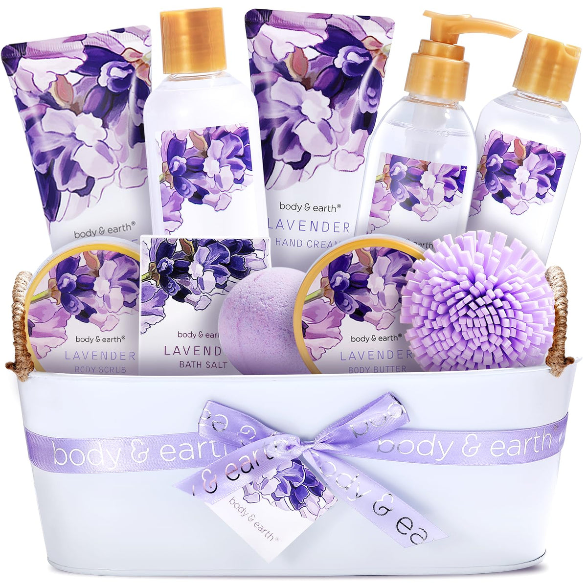 Body & Earth Lavender Spa Gift Basket For Women - 11 Piece Bubble Bath & Body Lotion Set