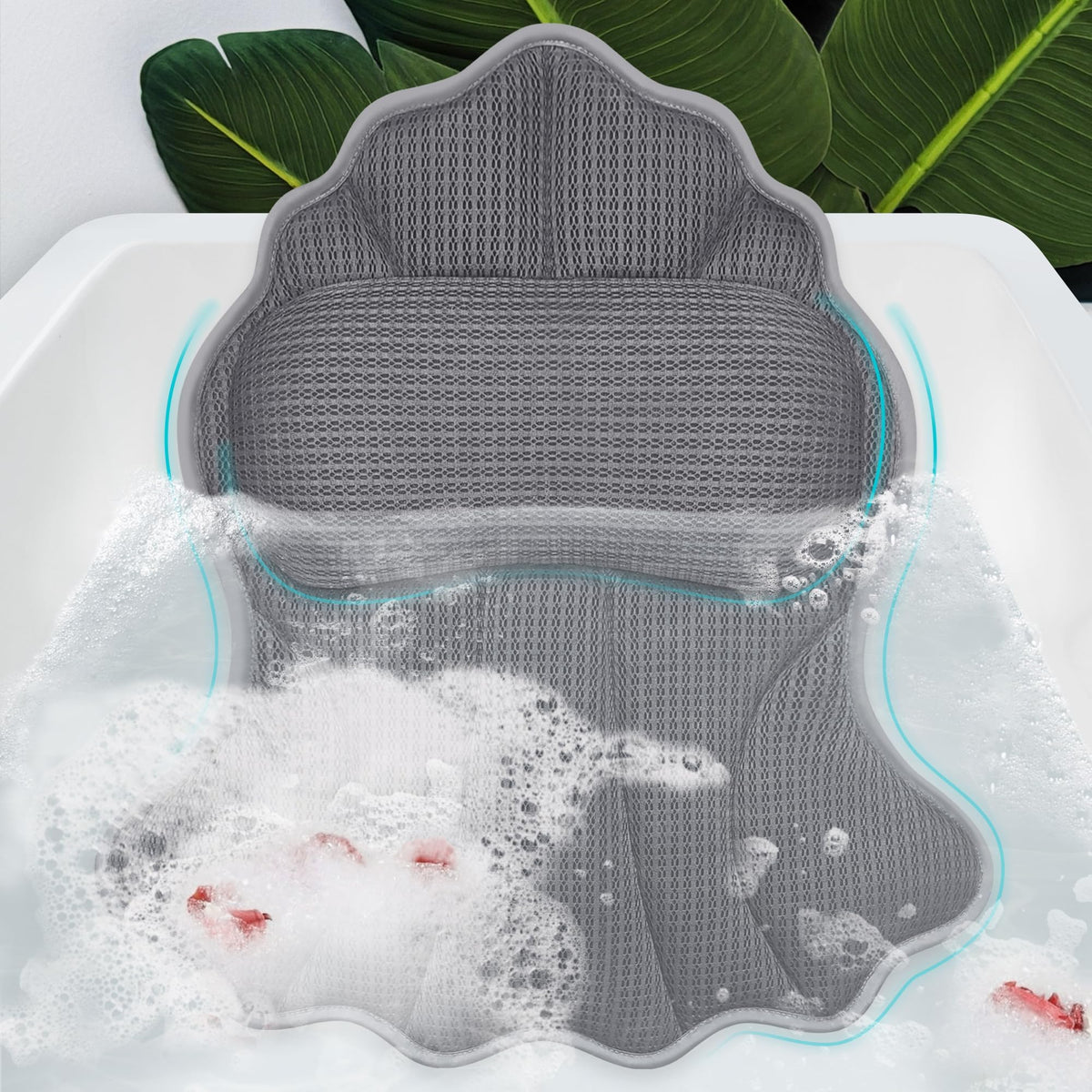 Poemland Luxury Bath Pillow - Soft 4D Mesh With 6 Suction Cups For Head & Neck Support, Grey