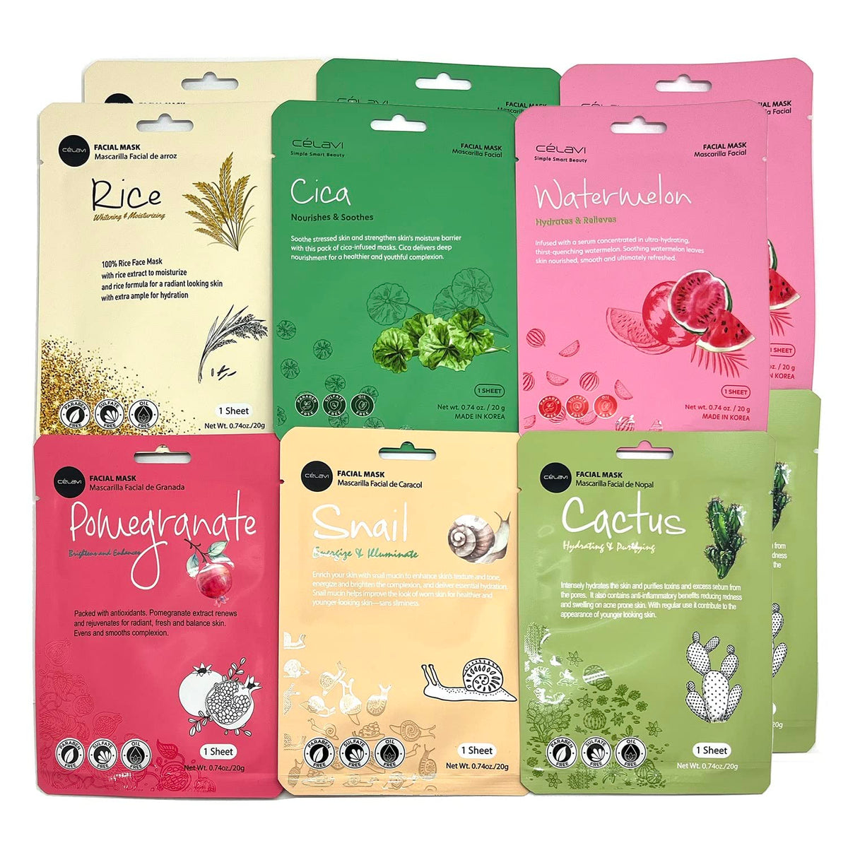 Celavi K-Beauty Essence Face Mask Set - 12 Moisturizing Sheet Masks For Radiant Skin