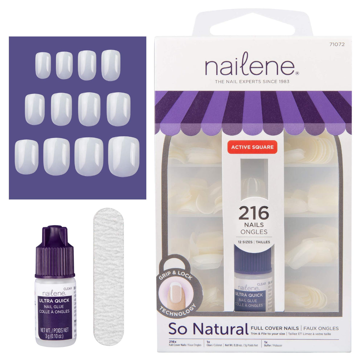 Nailene So Natural Fake Nail Kit - 216 Undecorated Acrylic Nails & Glue, 12 Sizes, 7 Days Wear