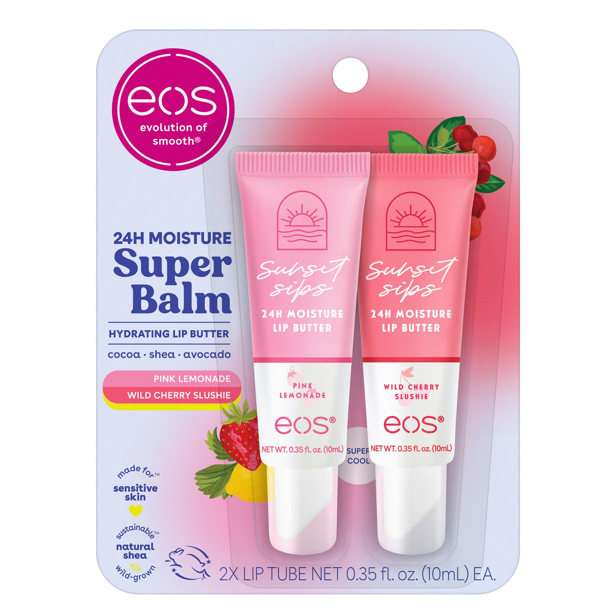 Eos 24H Moisture Super Balm Lip Mask, Pink Lemonade & Wild Cherry, 2-Pack For Sensitive Skin