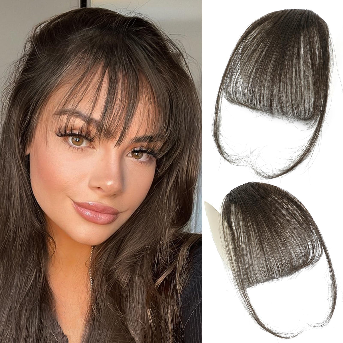 WECAN Dark Brown Clip-in Bangs - 100% Human Hair Extensions for Women, Everyday Wear