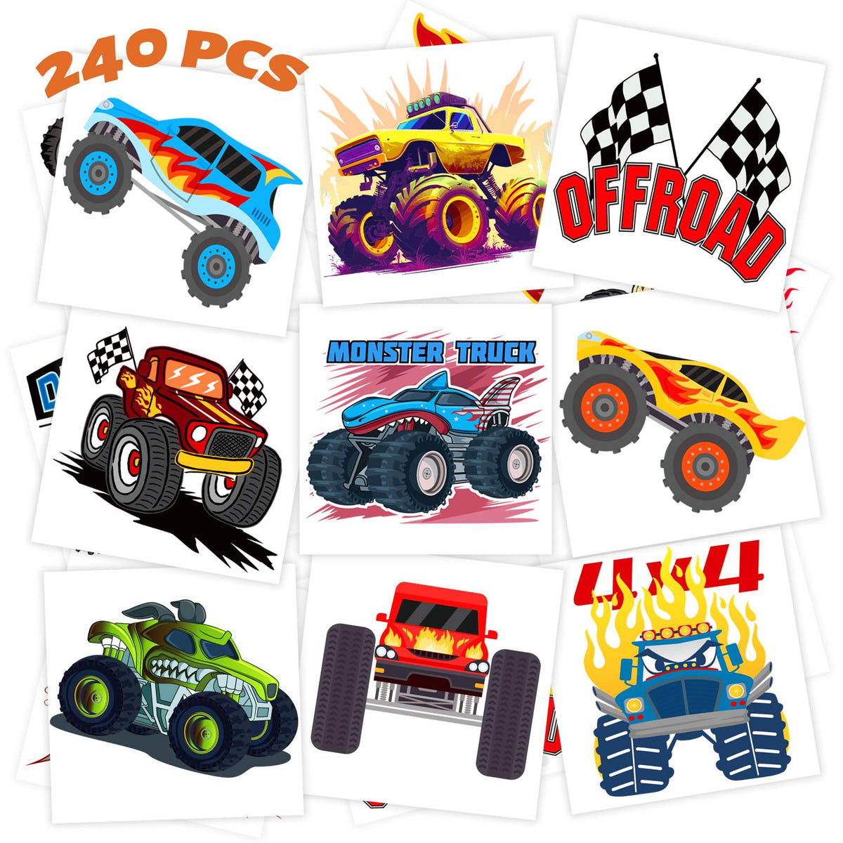 Winthrop 240 Pcs Monster Truck Tattoos For Kids - Waterproof, 60 Designs, Classroom Gifts