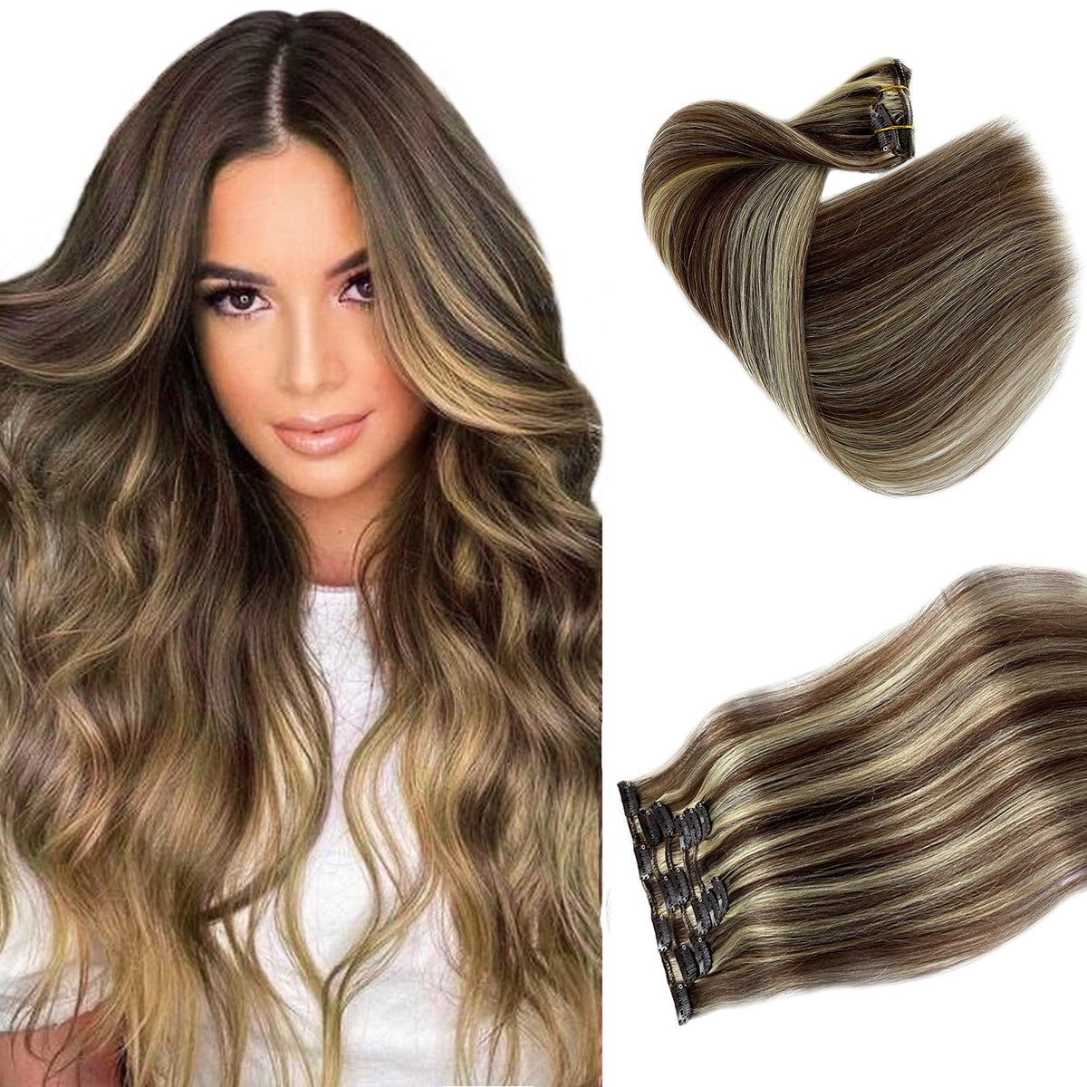 Munx Clip in Hair Extensions 16&quot; Real Human Hair Brown Blonde Balayage 70g 7Pcs Silky Straight