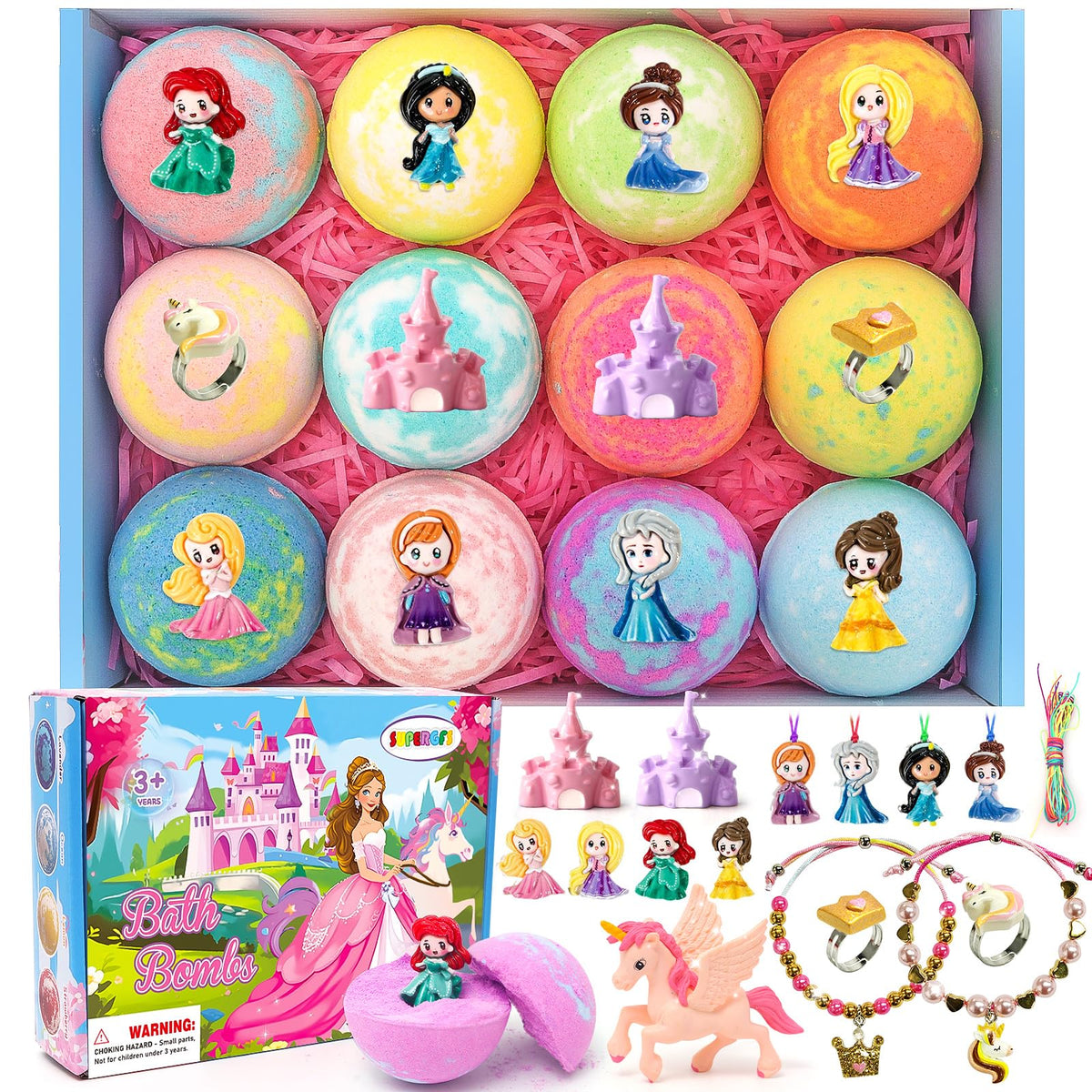 Supergfs Bath Bombs For Kids - Surprise Princess Toys, Organic Fizzy Spa Gift Set, 1 Count