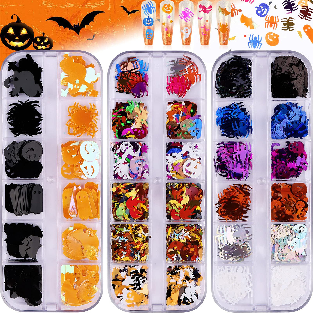 Ebanku Halloween Nail Art Glitter Sequins - 3D Holographic Skull, Spider, Pumpkin, Bat Confetti