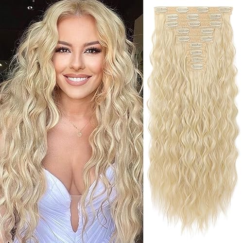 REECHO 24&quot; Blonde Clip In Hair Extensions, 9PCS Luxurious Mini Mermaid Wave, Lightweight Synthetic