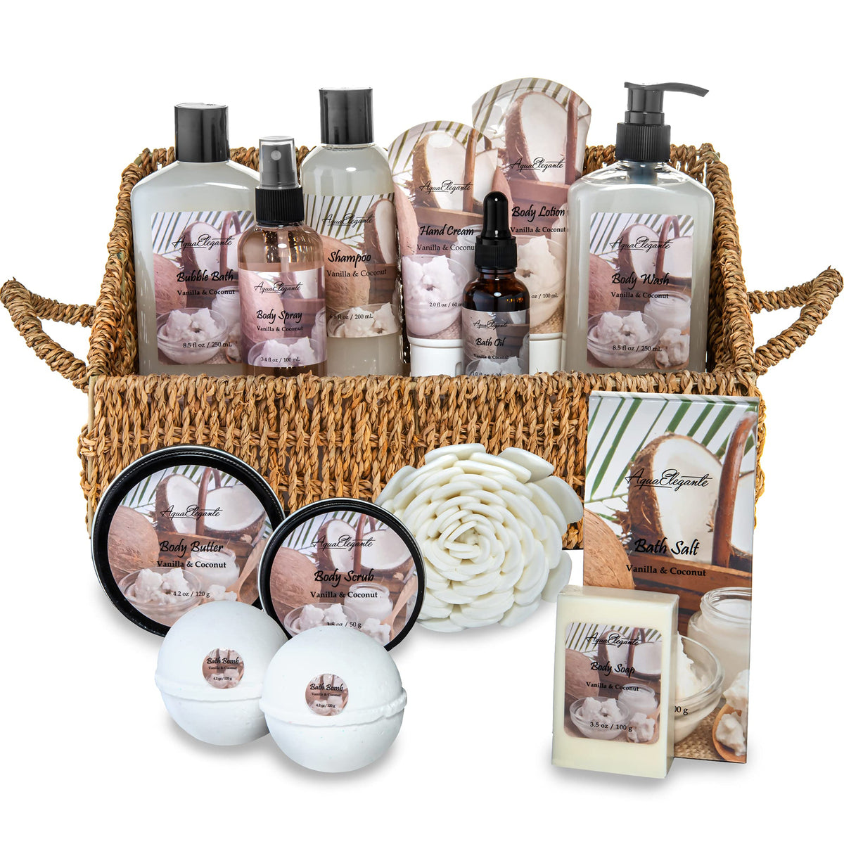 Aqua Elegante Bath Spa Gift Set - 15 Piece Luxury Basket With Coconut & Vanilla Essentials