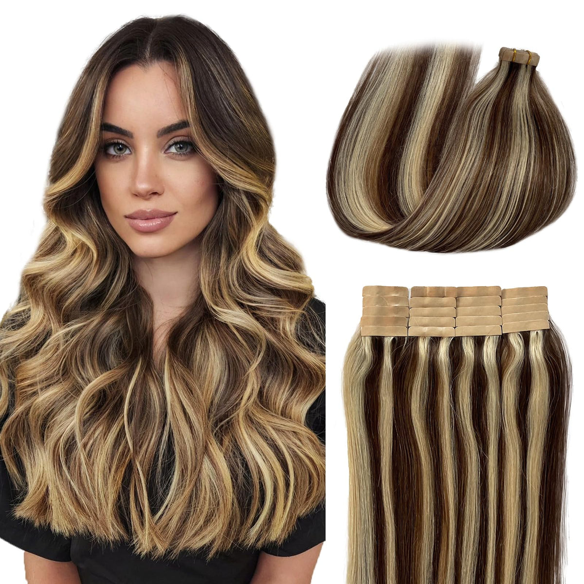 Munx 24&quot; Remy Tape In Hair Extensions, Medium Brown With Bleach Blonde Highlights, 20Pcs