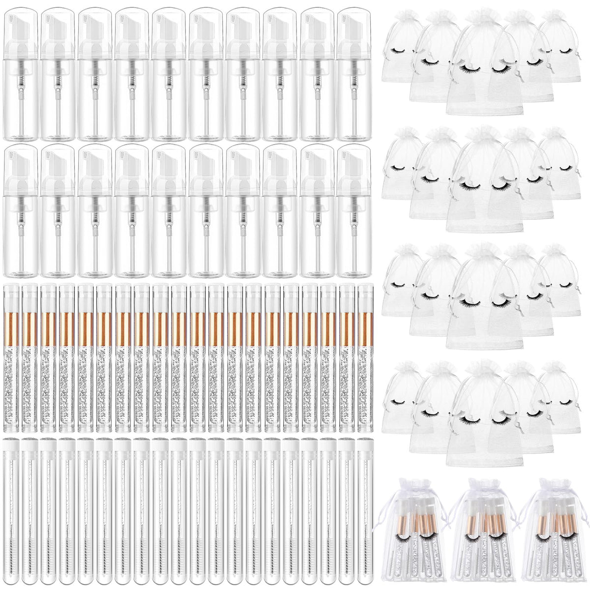 Zhehao 80 Pcs Lash Shampoo Kit - Foam Pump Dispensers, Brushes, Aftercare Bags - White & Silver