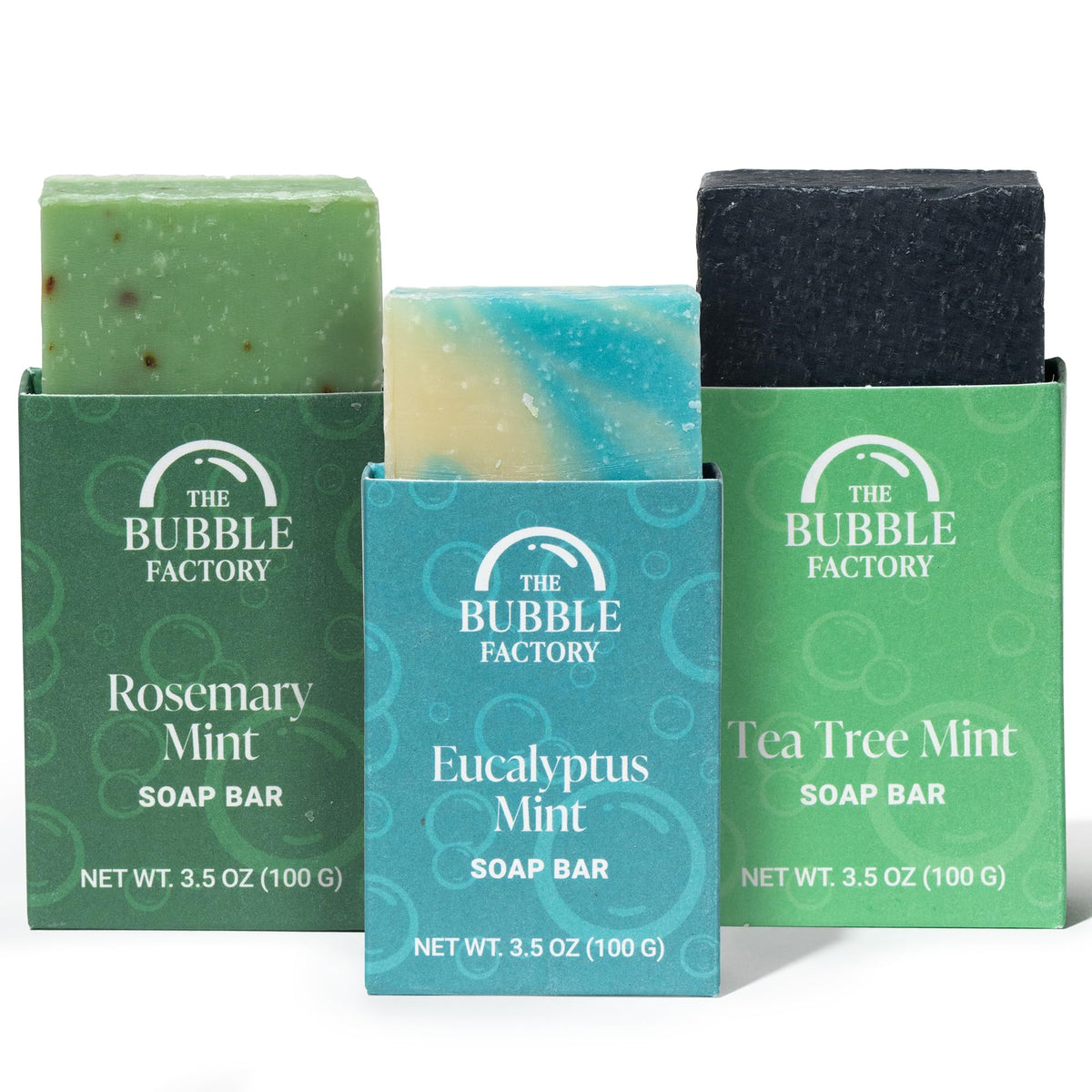 The Bubble Factory Vegan Natural Bath Soap Bars - Eucalyptus Mint/Rosemary Mint/Tea Tree Mint, 3 Pack