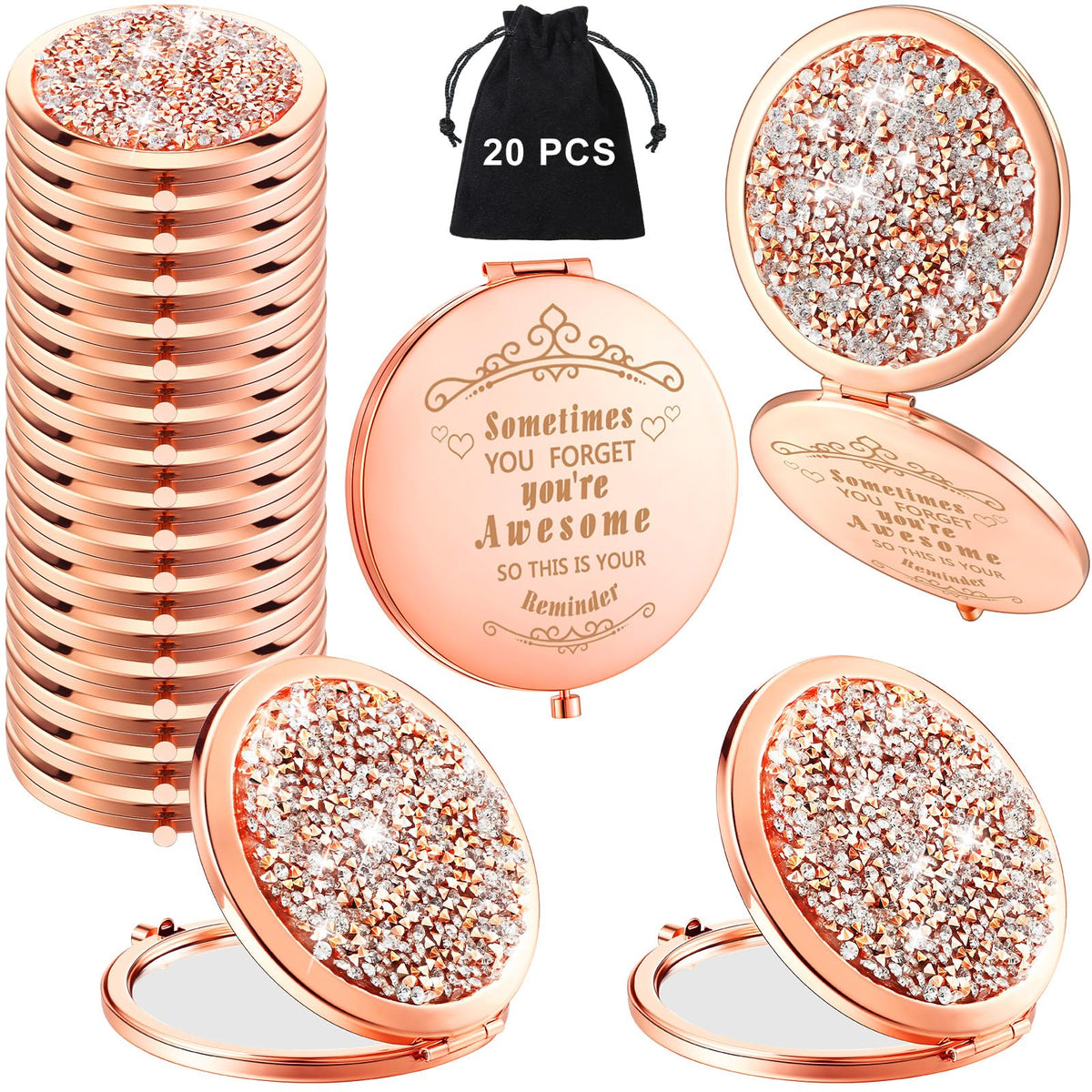 Cindeer Gold Compact Mirror - 20 Pcs Handheld Makeup Magnifying Mirror With Rhinestone 1X/2X