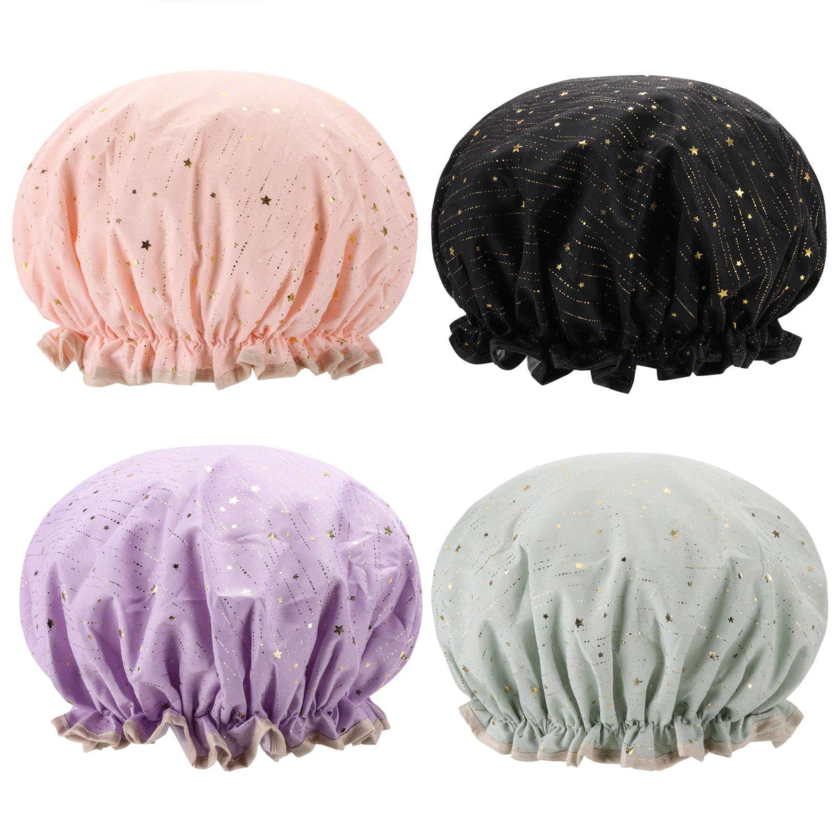 Tbestmax Waterproof Shower Caps For Long Hair, 4 Pack - Reusable Elastic Bath Hat