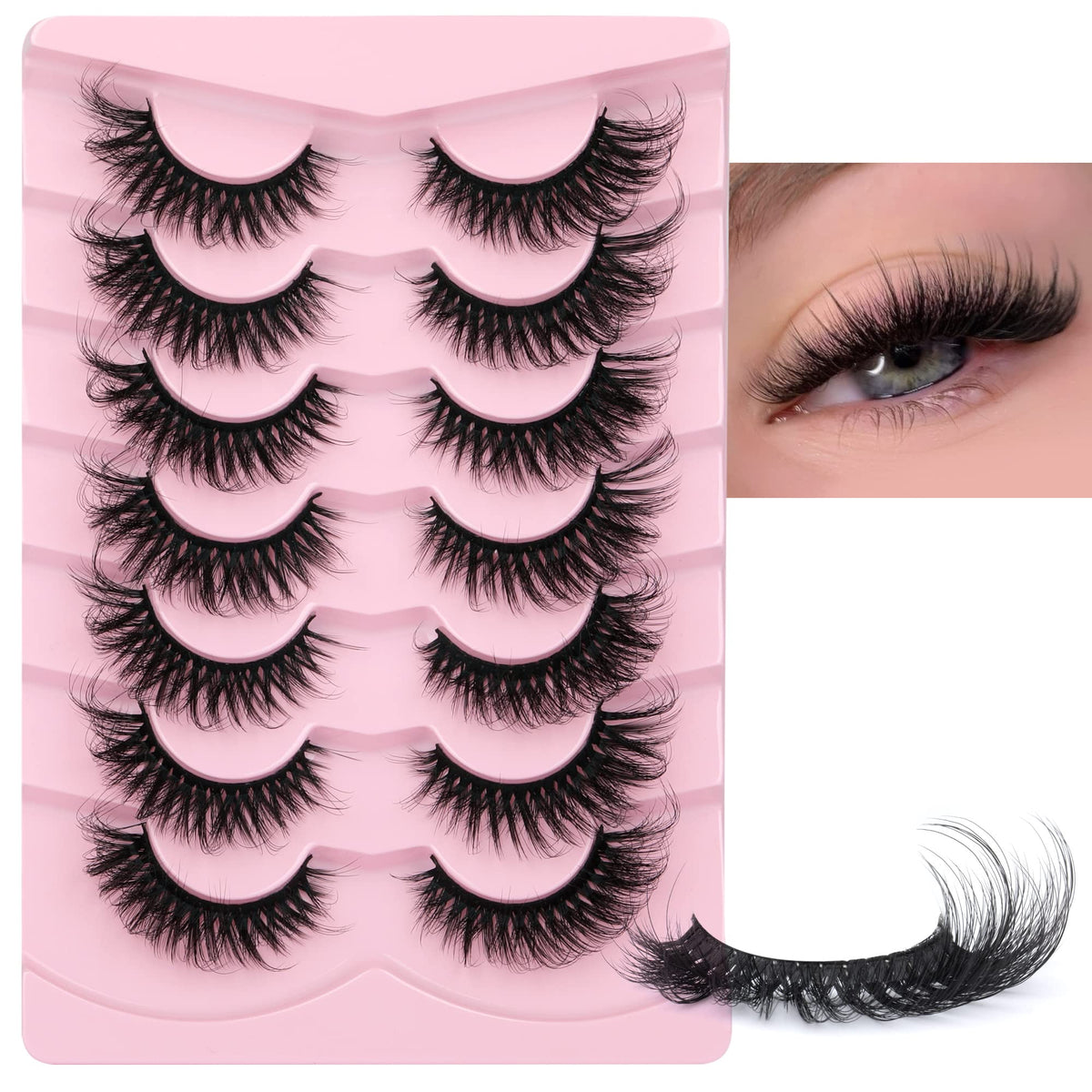 JIMIRE Mink Lashes 7 Pairs Fluffy Cat Eye Wispy Faux Mink Volume Eyelashes Extensions