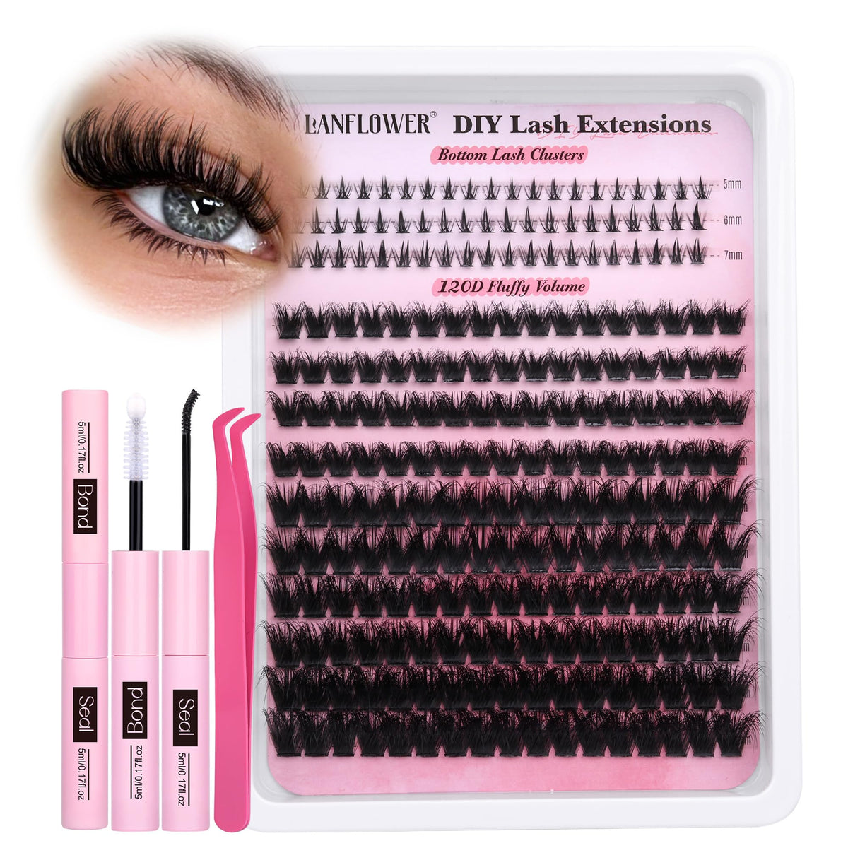 Lanflower 120D Lash Clusters Kit - Waterproof D Curl Individual Lashes, Thick Volume Extensions