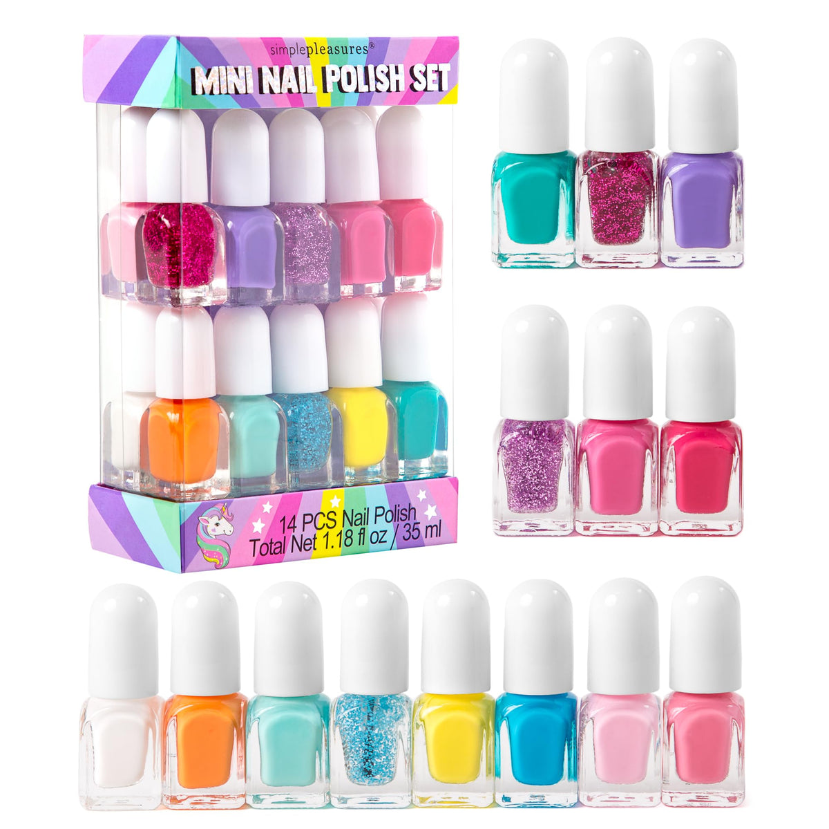 Simple Pleasures Unicorn Rainbow Kids Nail Polish Set – 14 Non-Toxic Water-Based Art Kit