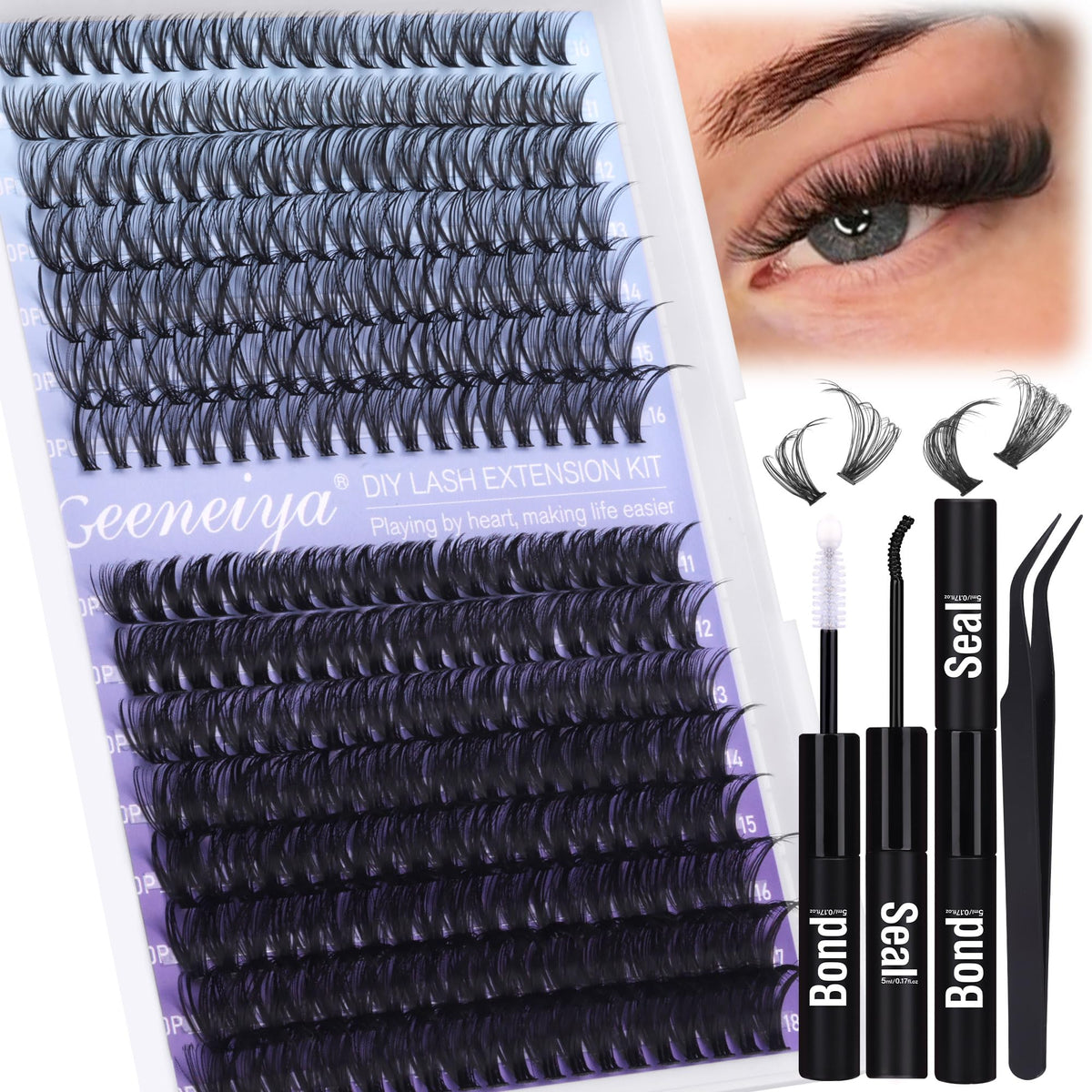 Geeneiya 30D+50D Natural Lash Clusters Kit - Wispy Eyelash Extensions With Waterproof Bond, 300P