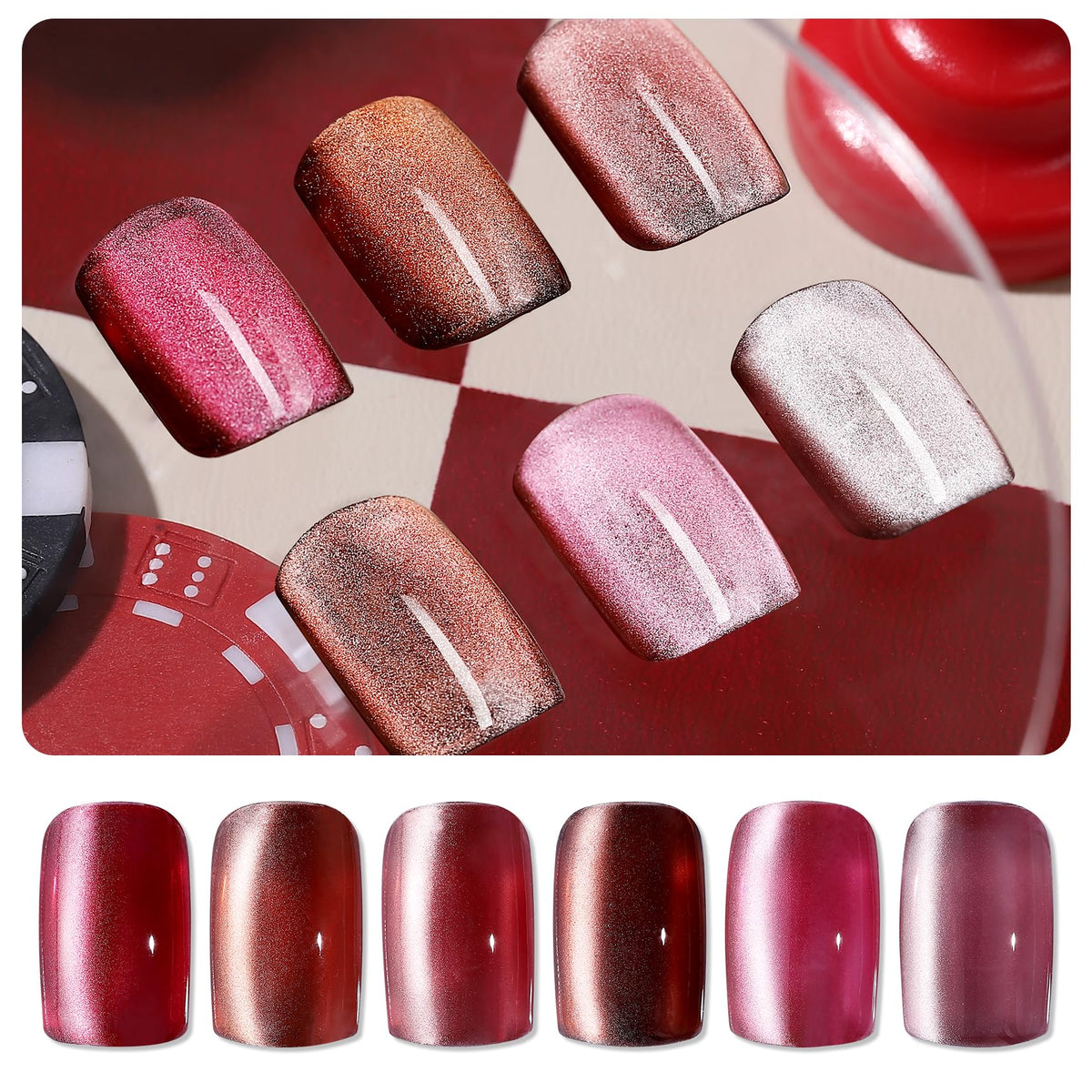 Taye Cat Eye Gel Nail Polish Set, 6 Colors With Magnet - Red Velvet For Diy Nail Art