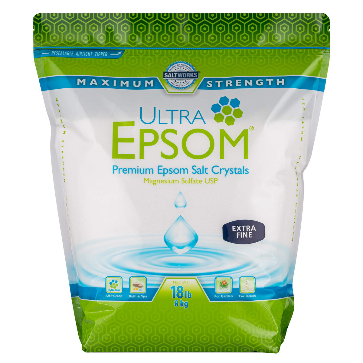 Saltworks Ultra Epsom Bath Salt, Unscented, Extra Fine Grain, 18 Lb - Clear Crystals