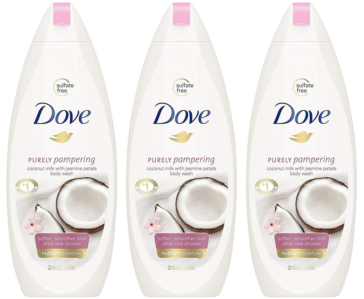 Dove Body Wash - Purely Pampering - Coconut Milk With Jasmine Petals - Net Wt. 22 FL OZ (650 mL) Per Bottle - Pack of 3 Bottles