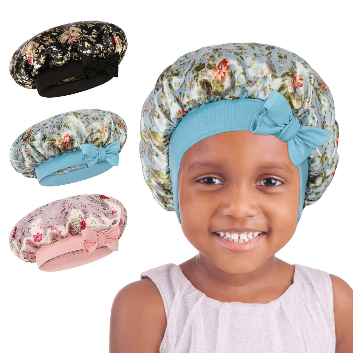 LADES Kids' Silk Hair Bonnet - Adjustable, Soft, Prevents Frizz & Protects Curls - Black